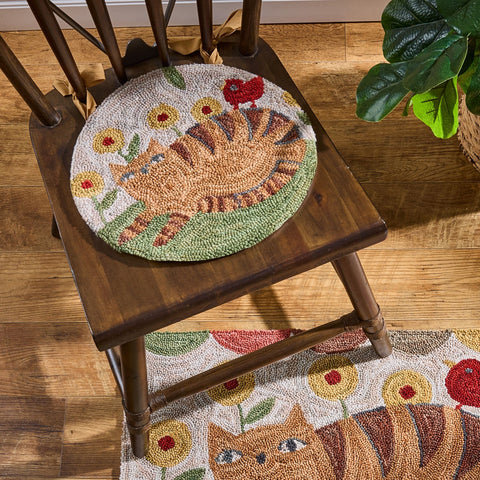Cheshire Cat Hooked Chair Pad | Primitive Floral Round Seat Pad