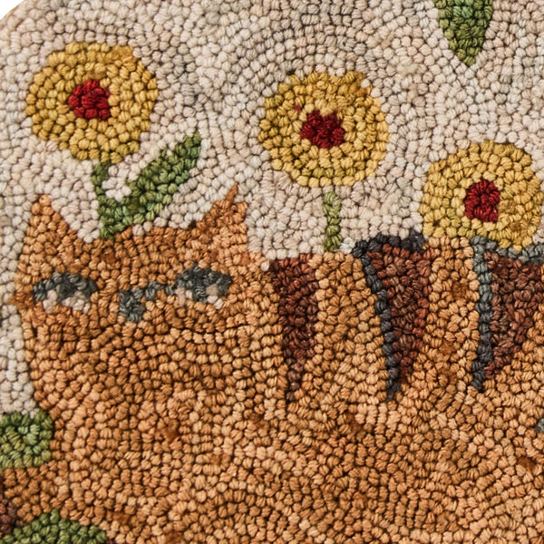 Cheshire Cat Hooked Chair Pad | Primitive Floral Round Seat Pad