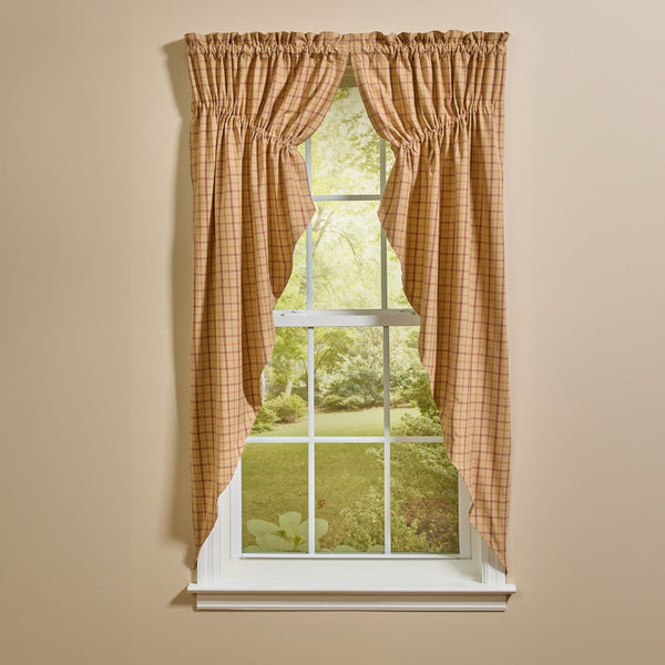 Persimmon plaid lined gathered swag curtains in primitive country style