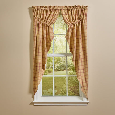 Persimmon plaid lined gathered swag curtains in primitive country style