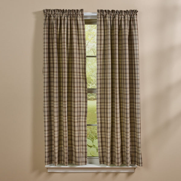 Plains Plaid curtain panels in neutral tan and brown plaid fabric for primitive farmhouse window decor
