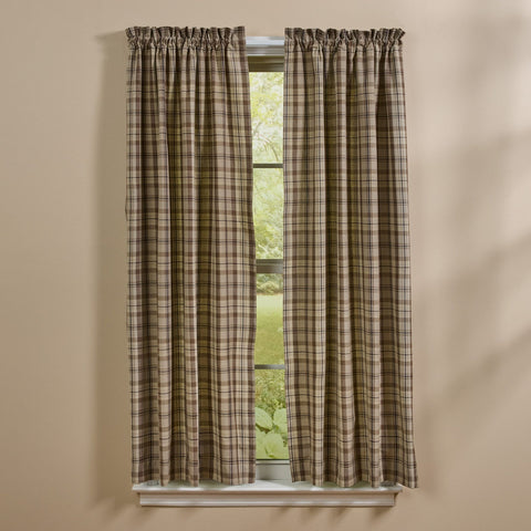 Plains Plaid curtain panels in neutral tan and brown plaid fabric for primitive farmhouse window decor