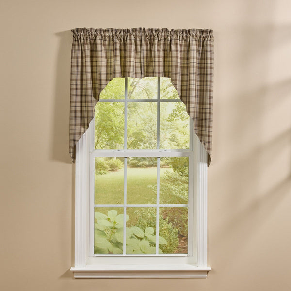Plains Plaid swags with neutral tan and brown plaid fabric in a primitive farmhouse window treatment style