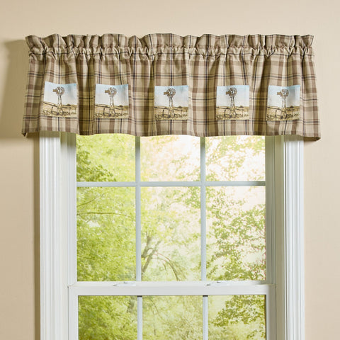 Plains Plaid lined patch valance with neutral plaid fabric and windmill patch accents hanging over a farmhouse window