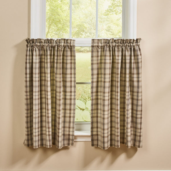 Plains Plaid tier curtains in neutral tan and brown plaid fabric for primitive farmhouse window decor