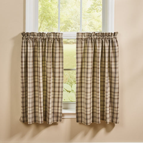 Plains Plaid tier curtains in neutral tan and brown plaid fabric for primitive farmhouse window decor