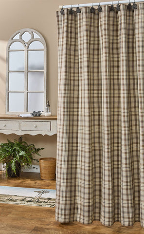 Plains Plaid shower curtain in neutral tan and brown plaid fabric for primitive farmhouse bathroom decor