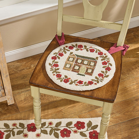 Cotswold Hooked Chair Pad | Primitive House & Floral Round Seat Pad