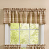 Currant primitive plaid window valance in brown tan cream and olive colors hanging above a window