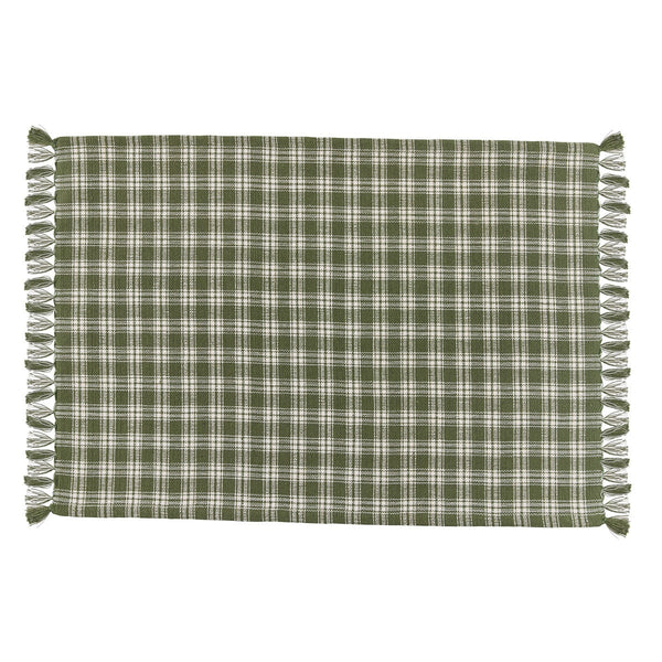 Set of four Stafford Ivy green and ivory plaid farmhouse placemats with decorative fringe ends.