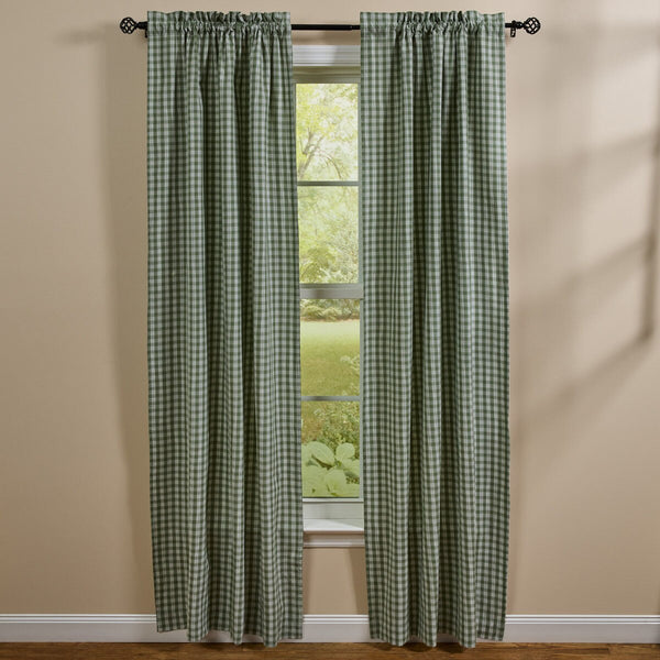 Pair of Stafford Ivy lined curtain panels featuring a green and ivory plaid farmhouse design.