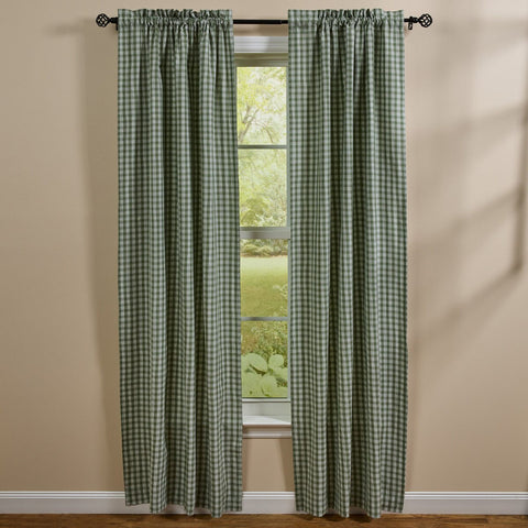 Pair of Stafford Ivy lined curtain panels featuring a green and ivory plaid farmhouse design.