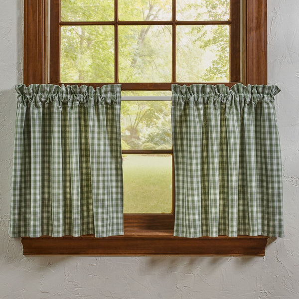 Primitive ivy green and cream plaid Stafford farmhouse tier curtains displayed on a country style window. Sturbridge