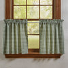Primitive ivy green and cream plaid Stafford farmhouse tier curtains displayed on a country style window.