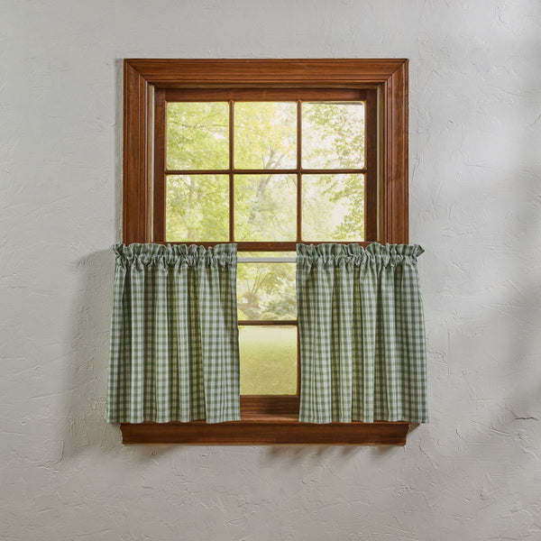 Stafford Ivy Tiers 72x24 | Primitive Green Plaid Curtain Tiers