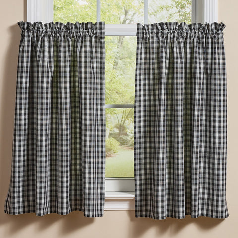 Stafford Black & Cream Tiers 72x36 | Primitive Plaid Curtain Tiers