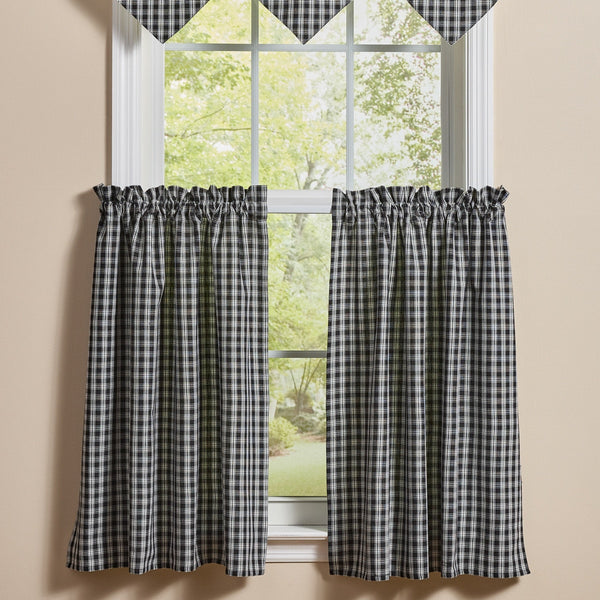 Stafford Black & Cream Tiers 72x36 | Primitive Plaid Curtain Tiers