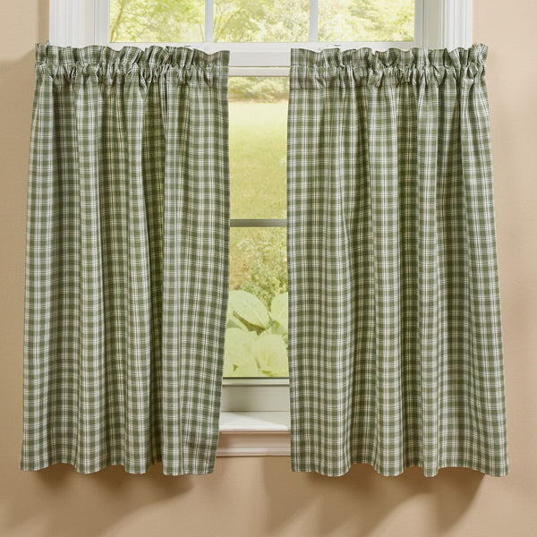 Primitive ivy green and cream plaid Stafford farmhouse tier curtains displayed on a country style window. Sturbridge Plaid Style