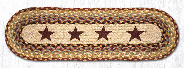 ST-OP-357 Burgundy Stars Oval Stair Tread 27"x8.25" Burgundy, warm tan, black, and natural jute brown