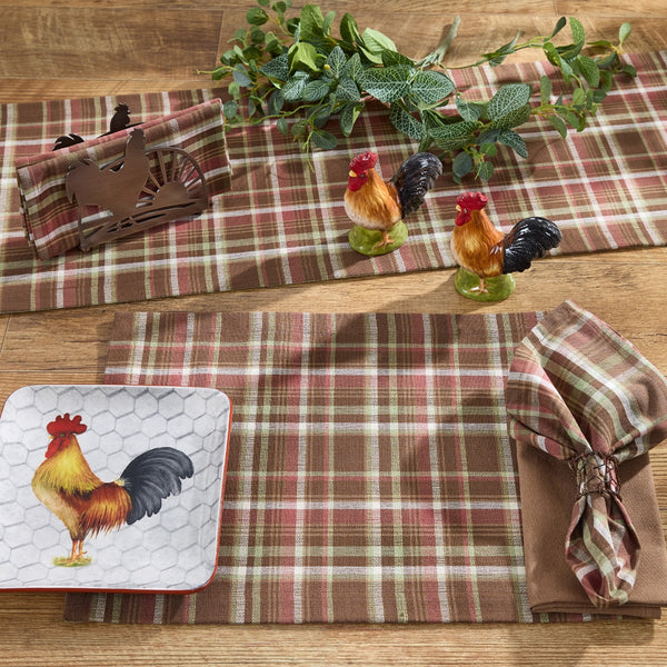 Sussex plaid placemat featuring barn red, brown, cream, tan, and subtle sage accents in a classic primitive country plaid pattern.