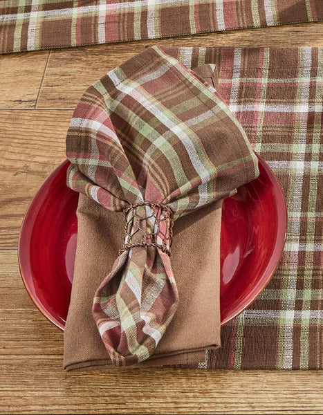 Sussex plaid cloth napkin featuring barn red, brown, cream, tan, and subtle sage accents in a classic primitive country plaid pattern.