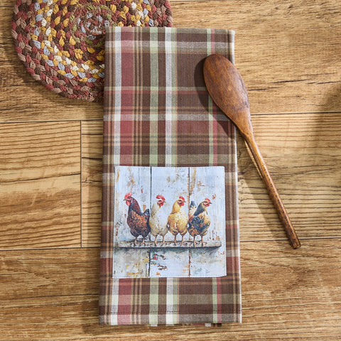 Sussex rooster decorative dishtowel featuring a rooster patch on a barn red, brown, cream, tan, and subtle sage plaid background in a primitive country style.