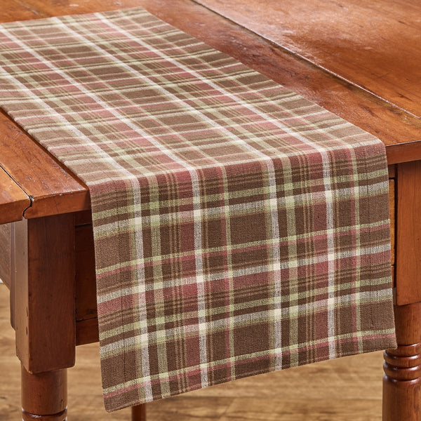 Sussex plaid table runner featuring barn red, brown, cream, tan, and subtle sage accents in a classic primitive country plaid pattern.