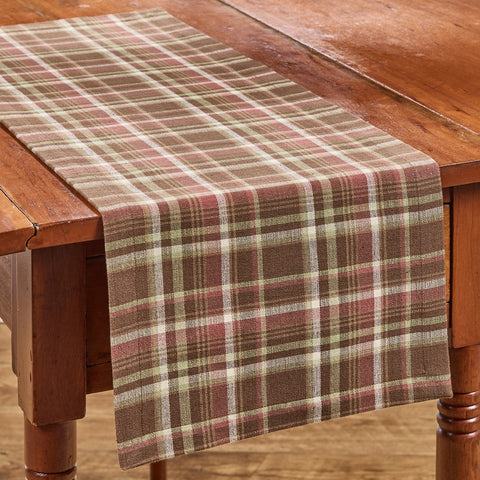Sussex plaid table runner featuring barn red, brown, cream, tan, and subtle sage accents in a classic primitive country plaid pattern.