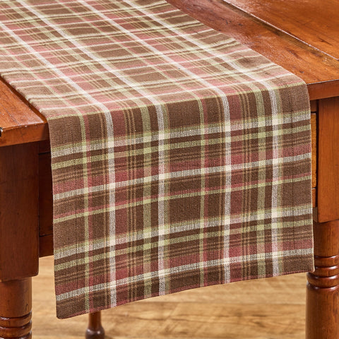 Sussex plaid table runner featuring barn red, brown, cream, tan, and subtle sage accents in a classic primitive country plaid pattern.