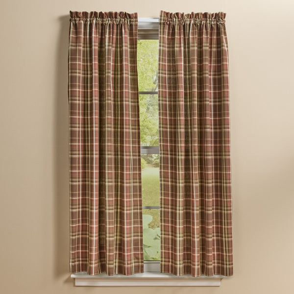Sussex plaid curtain panels by Park Designs featuring barn red, brown, tan, cream, and subtle sage green tones in a primitive country plaid pattern.