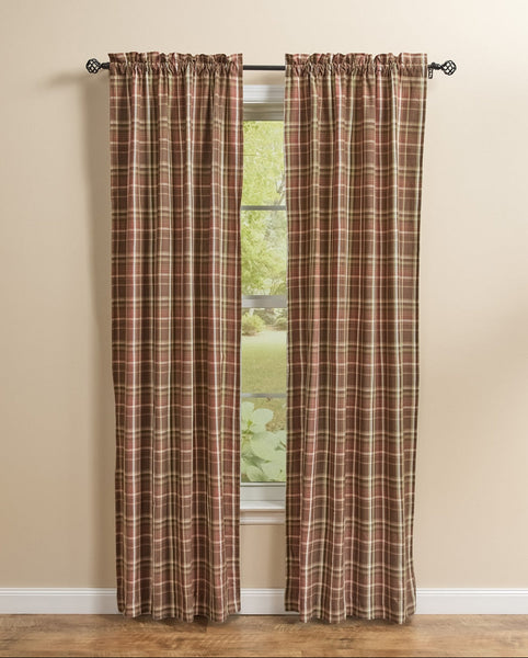 Sussex lined plaid curtain panels by Park Designs featuring barn red, brown, tan, cream, and subtle sage green tones in a primitive country plaid pattern.
