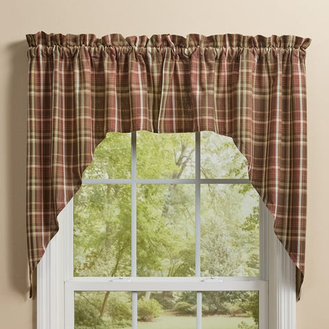 Sussex plaid swag curtains by Park Designs featuring barn red, brown, tan, cream, and subtle sage green tones in a primitive country plaid pattern.