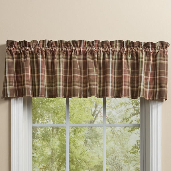 Sussex plaid valance by Park Designs featuring barn red, brown, tan, cream, and subtle sage green tones in a primitive country plaid pattern.