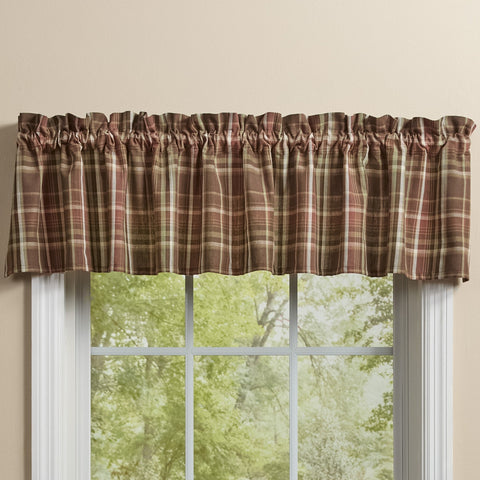 Sussex plaid valance by Park Designs featuring barn red, brown, tan, cream, and subtle sage green tones in a primitive country plaid pattern.