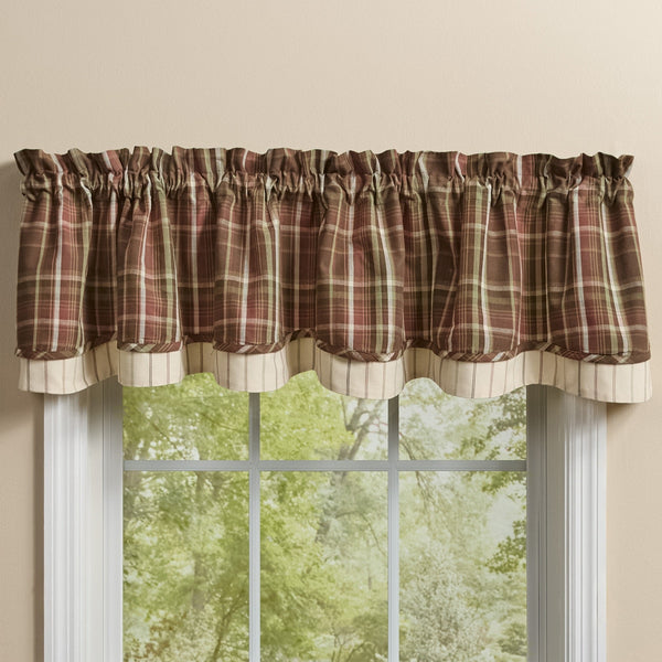 Sussex Lined Layered Valance by Park Designs featuring a brown, barn red, tan, and cream plaid pattern with contrasting cream underlayer.