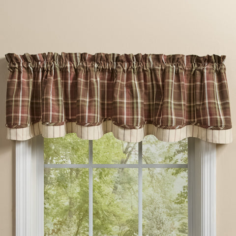 Sussex Lined Layered Valance by Park Designs featuring a brown, barn red, tan, and cream plaid pattern with contrasting cream underlayer.