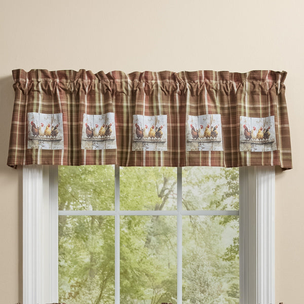 Sussex Rooster Plaid Lined Patch Valance by Park Designs featuring appliqued rooster patches on a brown, barn red, cream, and green plaid background.