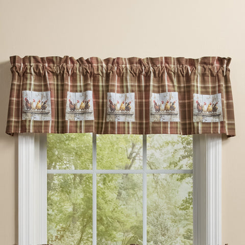 Sussex Rooster Plaid Lined Patch Valance by Park Designs featuring appliqued rooster patches on a brown, barn red, cream, and green plaid background.
