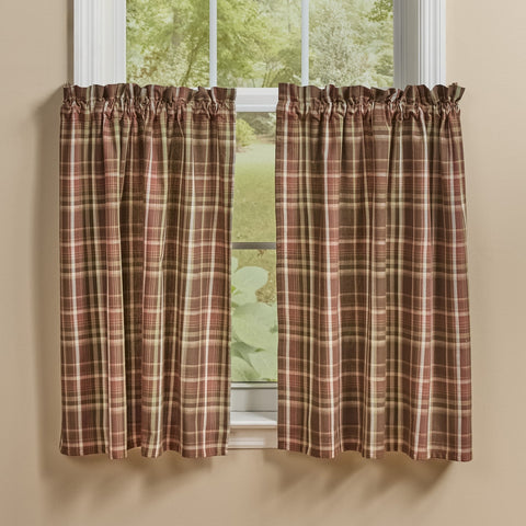 Sussex Tiers 36 inch primitive plaid curtain panels by Park Designs in burgundy brown tan and cream country farmhouse style.