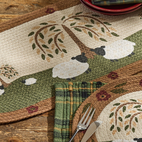 15x36 braided table runner with primitive willow tree and sheep design, floral border, in warm country colors