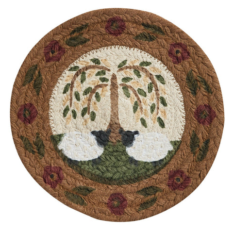 8-inch braided trivet with primitive willow tree and sheep design, floral border, in warm country colors