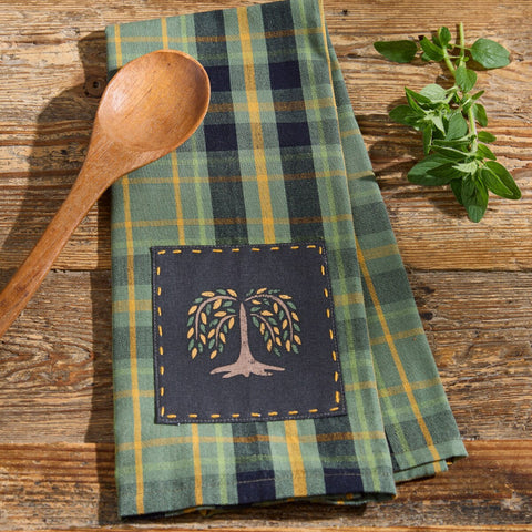 Add rustic charm to your kitchen with the Willow Lane Plaid Dishtowel Set of 2. Green, gold & black plaid with willow tree patch for a true farmhouse touch.
