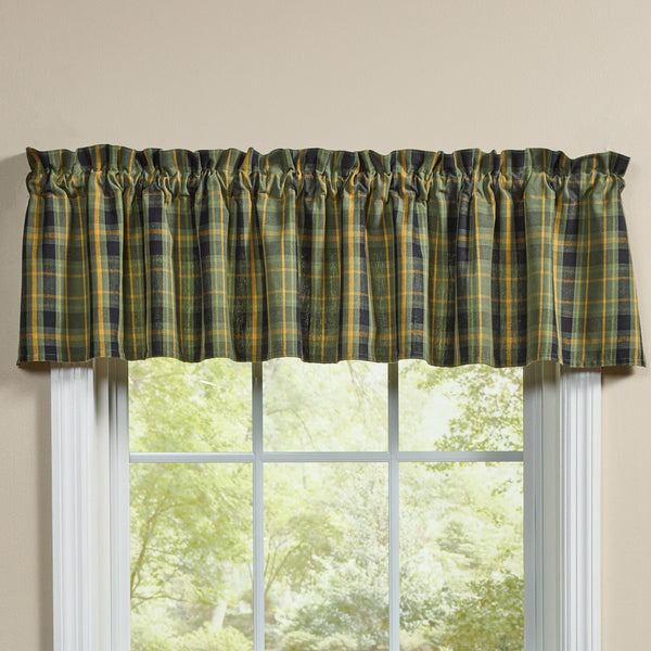 Bring farmhouse warmth to your home with the Willow Lane Plaid Valance 72x14. Classic green and gold plaid design, primitive cotton style, and easy care.