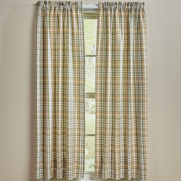 Farmstead plaid curtain panels, 63"L. Pair totals 72"W (2×36"W). Rod-pocket farmhouse plaid in green, wheat, and cream—pairs with matching valance or swags.