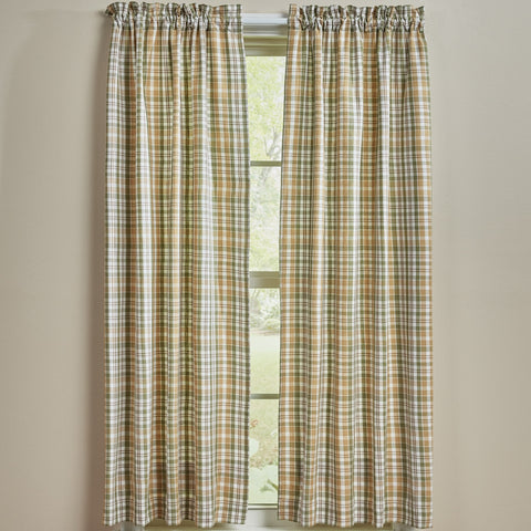 Farmstead plaid curtain panels, 63"L. Pair totals 72"W (2×36"W). Rod-pocket farmhouse plaid in green, wheat, and cream—pairs with matching valance or swags.