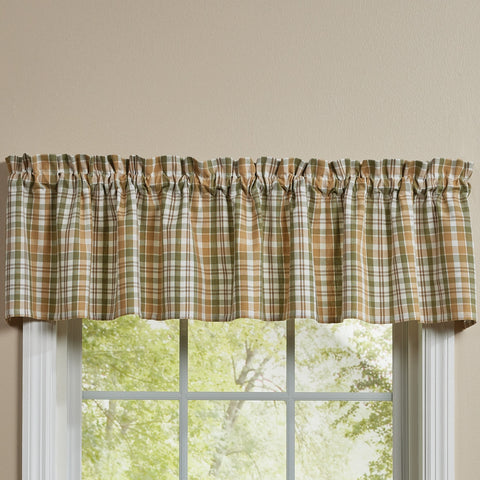 Farmstead plaid valance, 72"W x 14"L, in green, wheat, and cream. Rod-pocket valance with a soft gathered look. Pairs with matching tiers and swag.