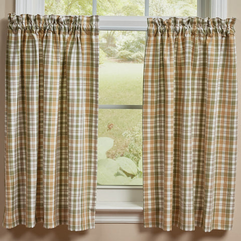 Farmhouse plaid window tiers, 36"L. Set of two panels (72"W total) in green, wheat, and cream. Standard rod pocket—perfect for kitchen or bath windows.