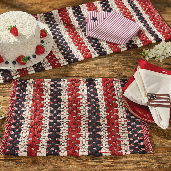 Liberty Chindi Table Runner 2' x 6'! Woven in red, white and blue this runner will accent your patriotic table all year!  DIMENSIONS: 2' X 6'