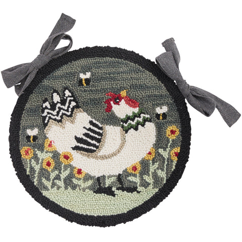 My Little White Hen Hooked Chair Pad  Measures : 15" Diameter Chicken playing with bees in the spring flowers