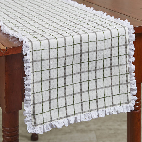 <p>The windowpane plaid and beautiful eyelet trim in these<span>&nbsp;</span><strong>Kindred Table Runners</strong><span> </span>are sure to project a classic country farmhouse flair, with the lovely shades of candlelight white, dove gray, and briarwood green! So simple, and yet so elegant! The runners are available in three different sizes.</p> <ul> <li></li> </ul>